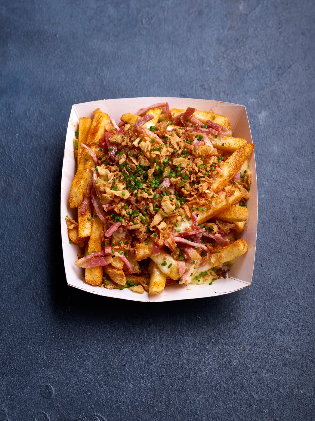 Dirty loaded fries, cheese sauce, bacon, crispy onion, chives